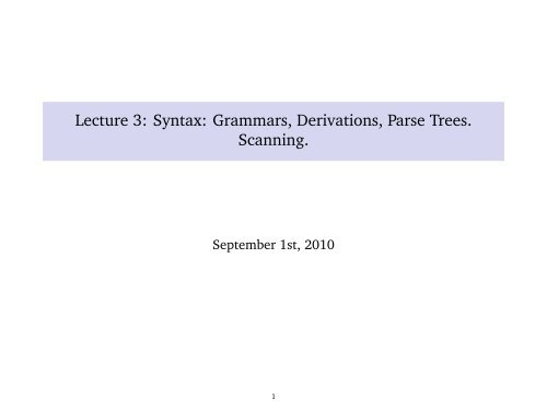 Lecture 3: Syntax: Grammars, Derivations, Parse Trees. Scanning.