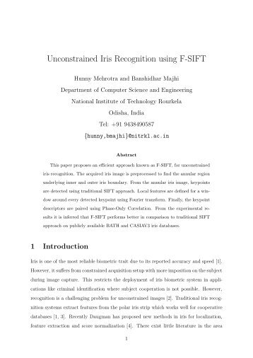 Unconstrained Iris Recognition using F-SIFT - IDRBT