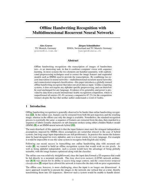 Offline Handwriting Recognition with Multidimensional ... - Idsia