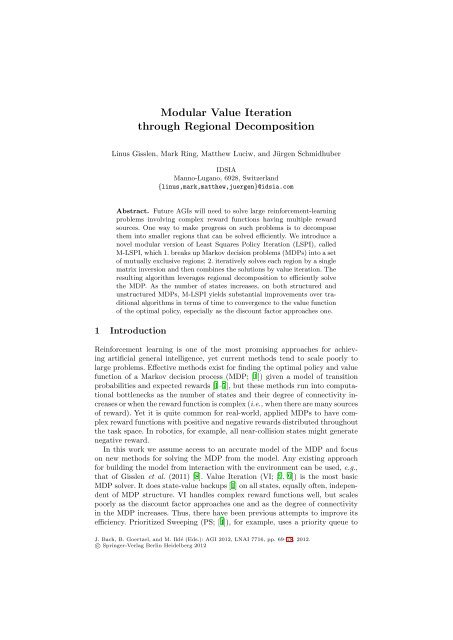 Modular Value Assessment Model Modular Value Iteration through Regional Decomposition - Idsia