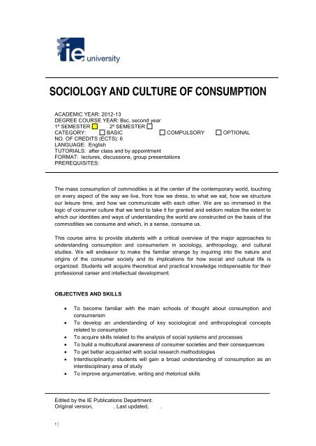 SOCIOLOGY AND CULTURE OF CONSUMPTION - IE