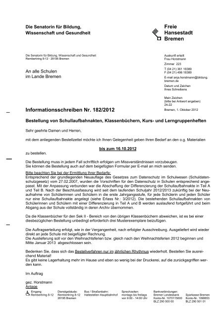 Informationsschreiben Nr. 182/2012 Bestellung von ...