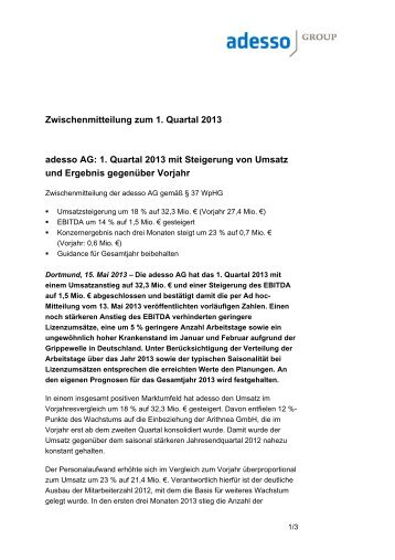Zwischenmitteilung zum 1. Quartal 2013 adesso AG: 1. Quartal 2013 ...