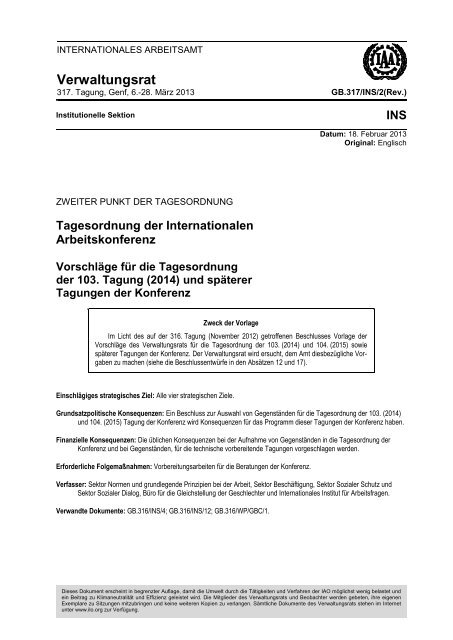 Tagesordnung der Internationalen Arbeitskonferenz VorschlÃ¤ge fÃ¼r ...