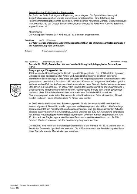 der 26. Sitzung des Grossen Gemeinderates Lyss ... - Gemeinde Lyss