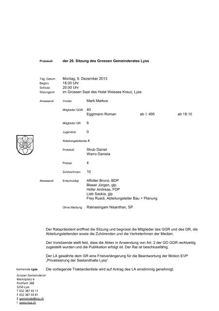 der 26. Sitzung des Grossen Gemeinderates Lyss ... - Gemeinde Lyss