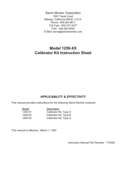 Model 1250-XX Calibrator Kit Instruction Sheet - Sierra Monitor ...
