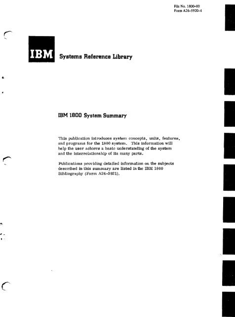 Systems Reference Library IBM 1800 System Summary