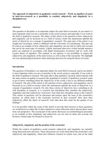 The approach of subjectivity in qualitative social research â€“ Work on ...