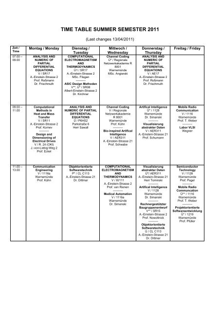 TIME TABLE SUMMER SEMESTER 2011