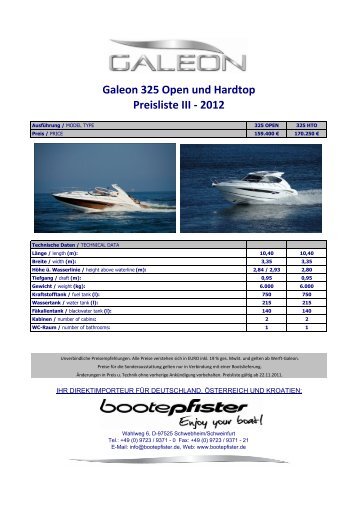 Galeon 325 Open Und Hardtop Preisliste III - zu Boote Pfister