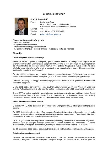 CURRICULUM VITAE - Institut Ekonomskih Nauka