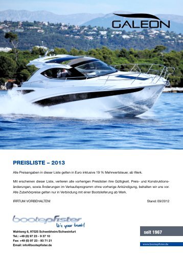 Galeon 290 Flybridge Preisliste I - 2013 - zu Boote Pfister