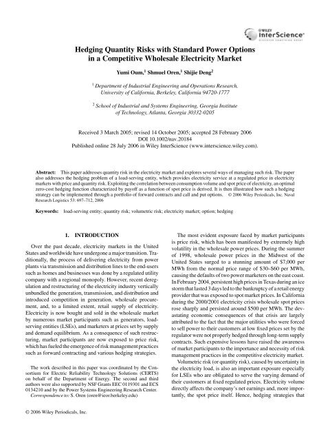 Hedging Quantity Risks with Standard Power Options - UC Berkeley ...