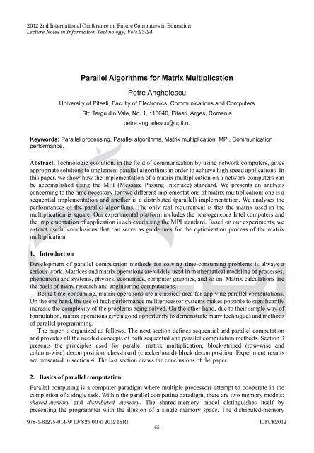 Parallel Algorithms for Matrix Multiplication Petre Anghelescu