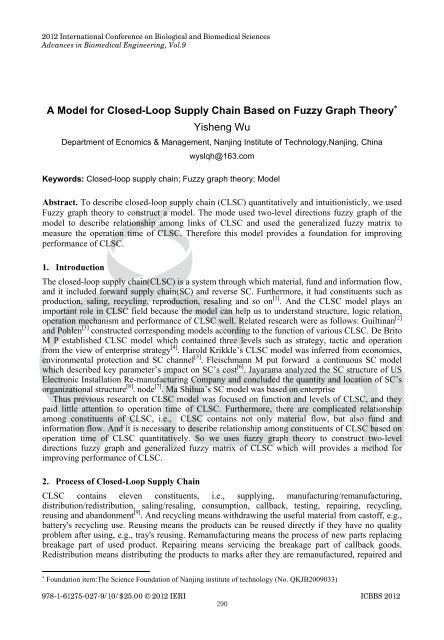 A Model for Closed-Loop Supply Chain Based on Fuzzy Graph ...