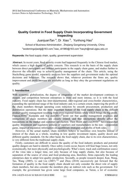 Quality Control in Food Supply Chain Incorporating Government ...