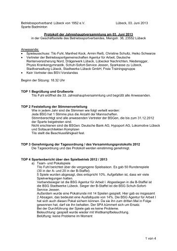 Protokoll JHV 2013 - Betriebssportverband von 1952 eV LÃ¼beck