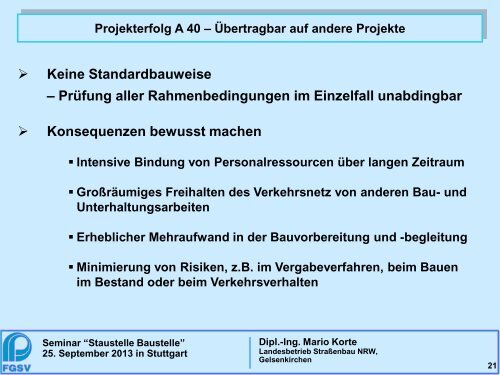 Vollsperrung BAB A 40 â€“ Chance und Risiken aus der Sicht ... - FGSV