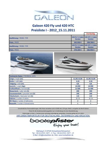 Galeon 420 Fly und 420 HTC Preisliste I ... - zu Boote Pfister