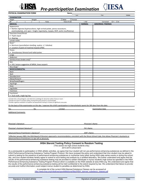 IHSA Pre-Participation Examination Form - Charleston School District
