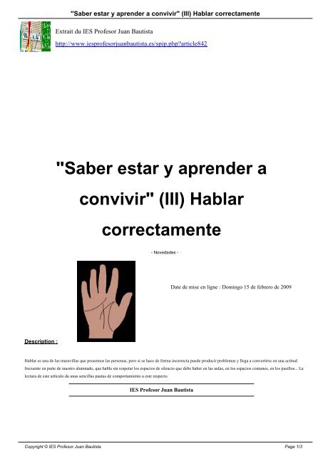 &quot;Saber estar y aprender a convivir&quot; (III) Hablar correctamente