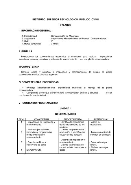 InspecciÃ³n y Mantenimiento de Plantas Concentradoras - IESTP Oyon