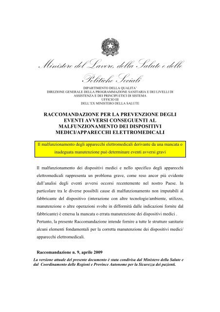 Raccomandazione 9 - Prevenzione eventi avversi da ...