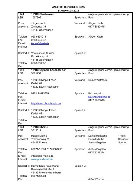 ANSCHRIFTENVERZEICHNISS STAND 04.08.2012