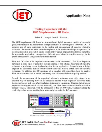 Testing Capacitors with the 1865 Megohmmeter / IR ... - IET Labs, Inc.