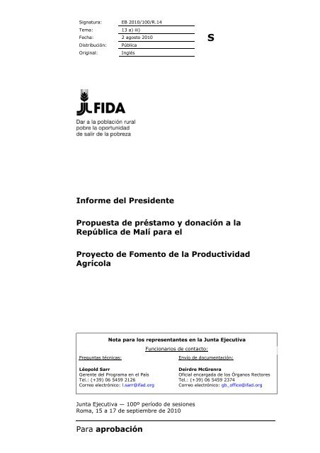 Para aprobaciÃ³n Informe del Presidente Propuesta de ... - IFAD