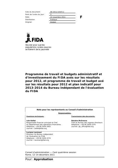 Pour: Approbation Programme de travail et budgets ... - IFAD