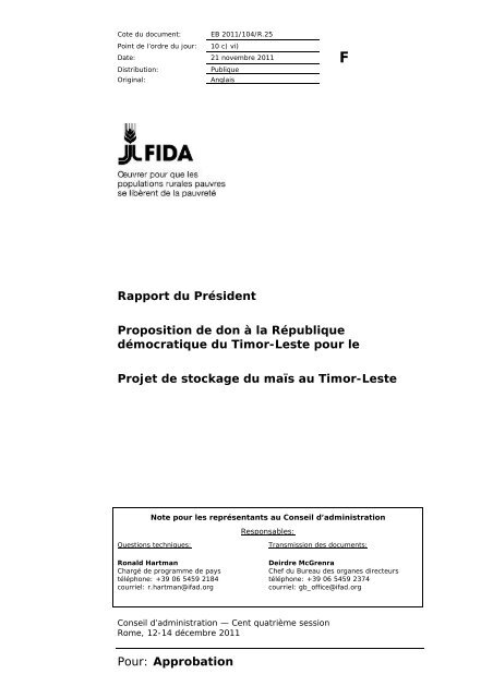 Pour: Approbation Rapport du PrÃ©sident Proposition de don Ã  ... - IFAD