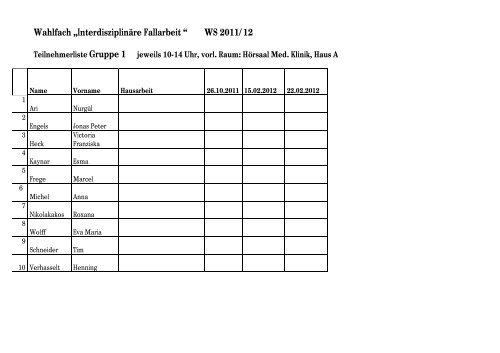 Wahlfach âInterdisziplinÃ¤re Fallarbeit â WS 2011/12