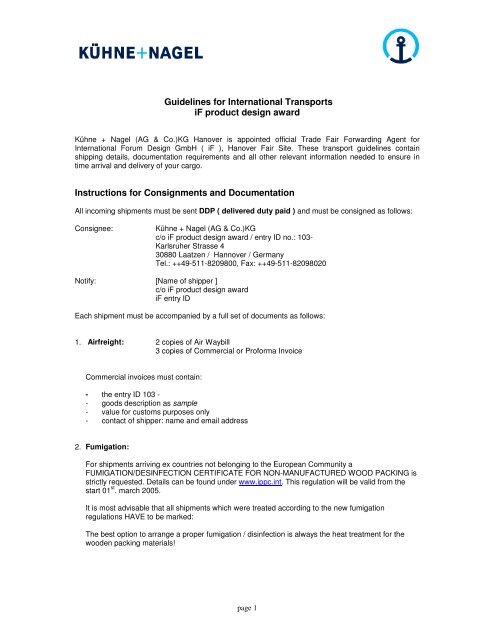 Guidelines For International Transports If Product Design Award
