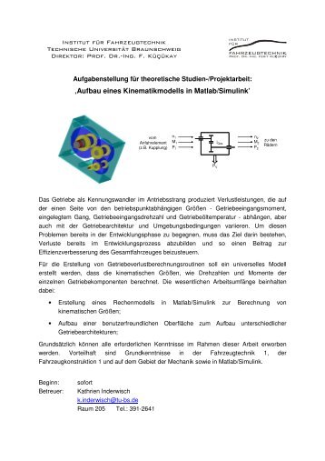 Aufbau eines Kinematikmodells in Matlab/Simulink - Institut für ...