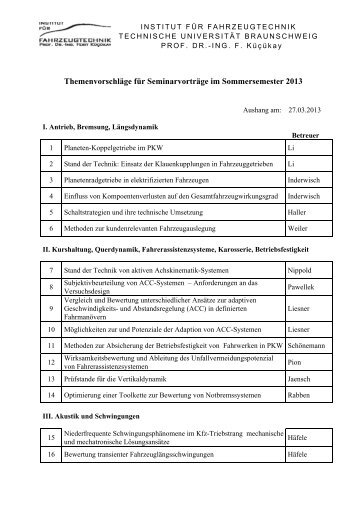 Die Liste der Seminarthemen - Institut für Fahrzeugtechnik ...