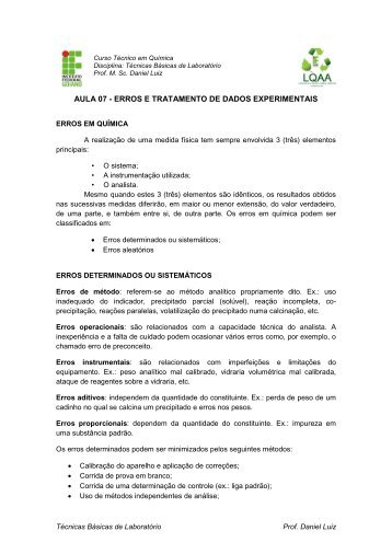 AULA 07 - ERROS E TRATAMENTO DE DADOS EXPERIMENTAIS