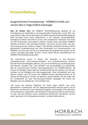 Ausgezeichnete Finanzplanung - HORBACH erhÃ¤lt zum vierten Mal ...