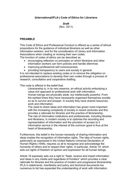 (International/IFLA-) Code of Ethics for Librarians Draft (Nov. 2011 ...