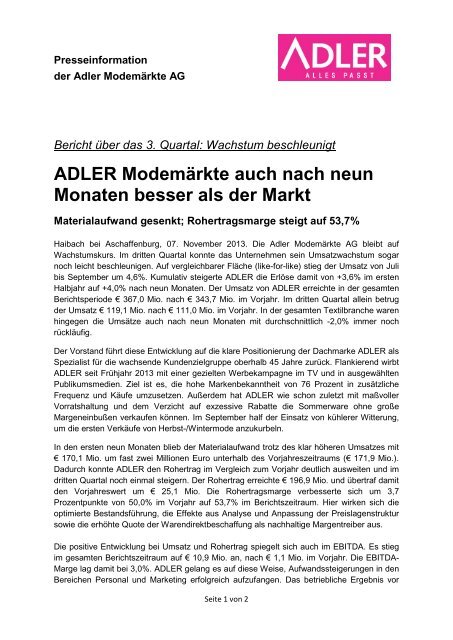 ADLER ModemÃ¤rkte auch nach neun Monaten besser als der Markt