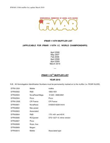 IFMAR 1/10TH MUFFLER LIST