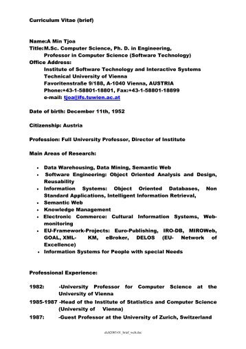 Curriculum Vitae (brief) Name:A Min Tjoa Title - Information ...