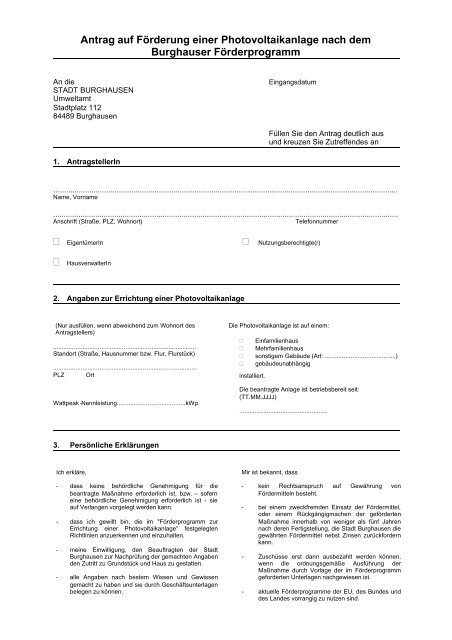 Antrag Auf Gewährung Einer Förderung Aus Dem Vermittlungsbudget Antrag auf Förderung einer Photovoltaikanlage - Stadt Burghausen