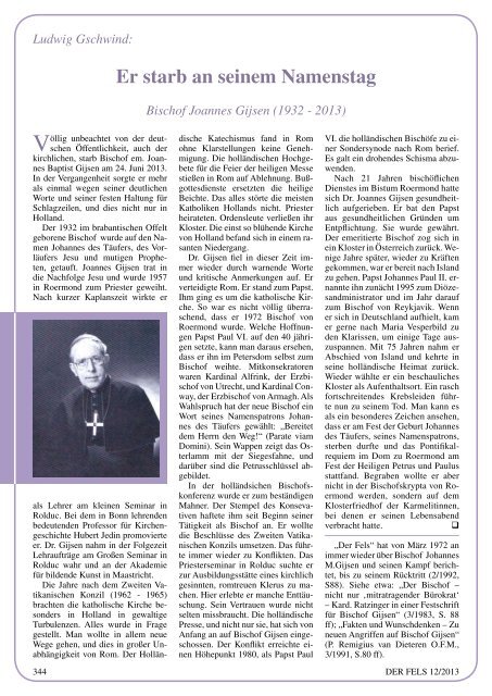 Katholisches Wort in die Zeit 44. Jahr Dezember 2013 - Der Fels