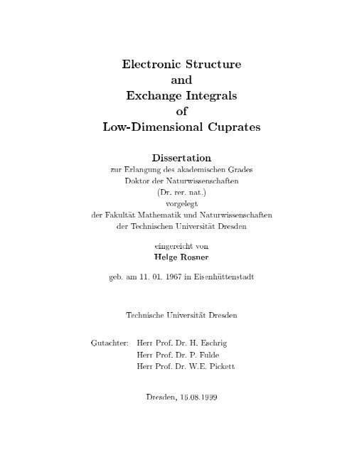 Electronic Structure And Exchange Integrals Of Low Dimensional