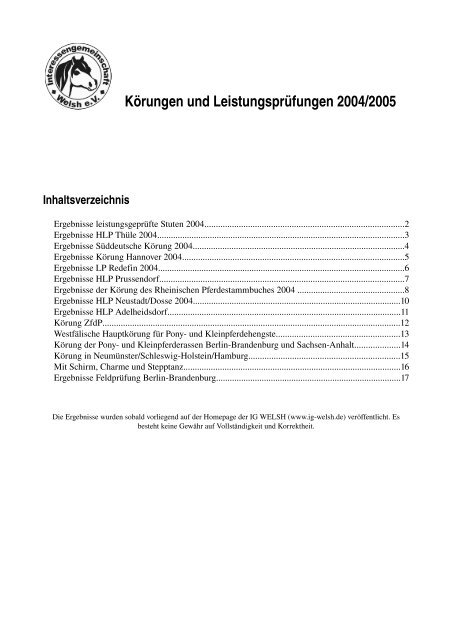 KÃ¶rungen und LeistungsprÃ¼fungen 2004/2005 - IG Welsh