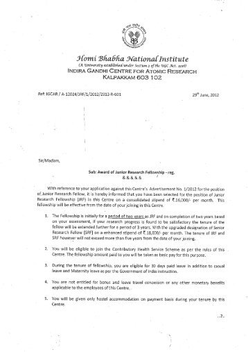 offer letter - Indira Gandhi Centre for Atomic Research