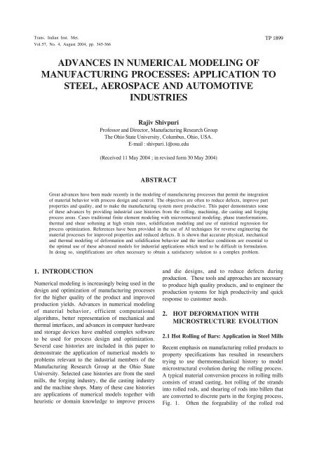 advances in numerical modeling of manufacturing processes