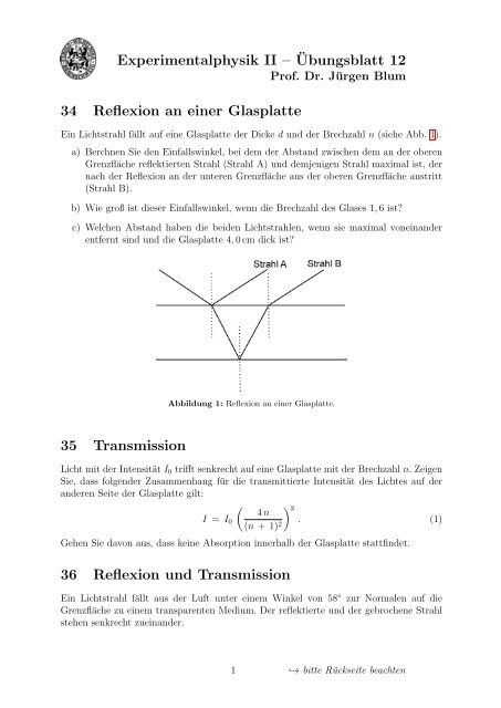 Experimentalphysik II â Â¨Ubungsblatt 12 34 Reflexion an einer ...